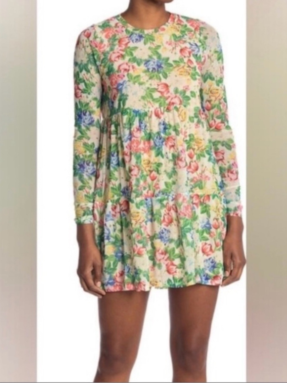 Revolve AFRM floral long sleeve babydoll mini dress tiered mesh summer